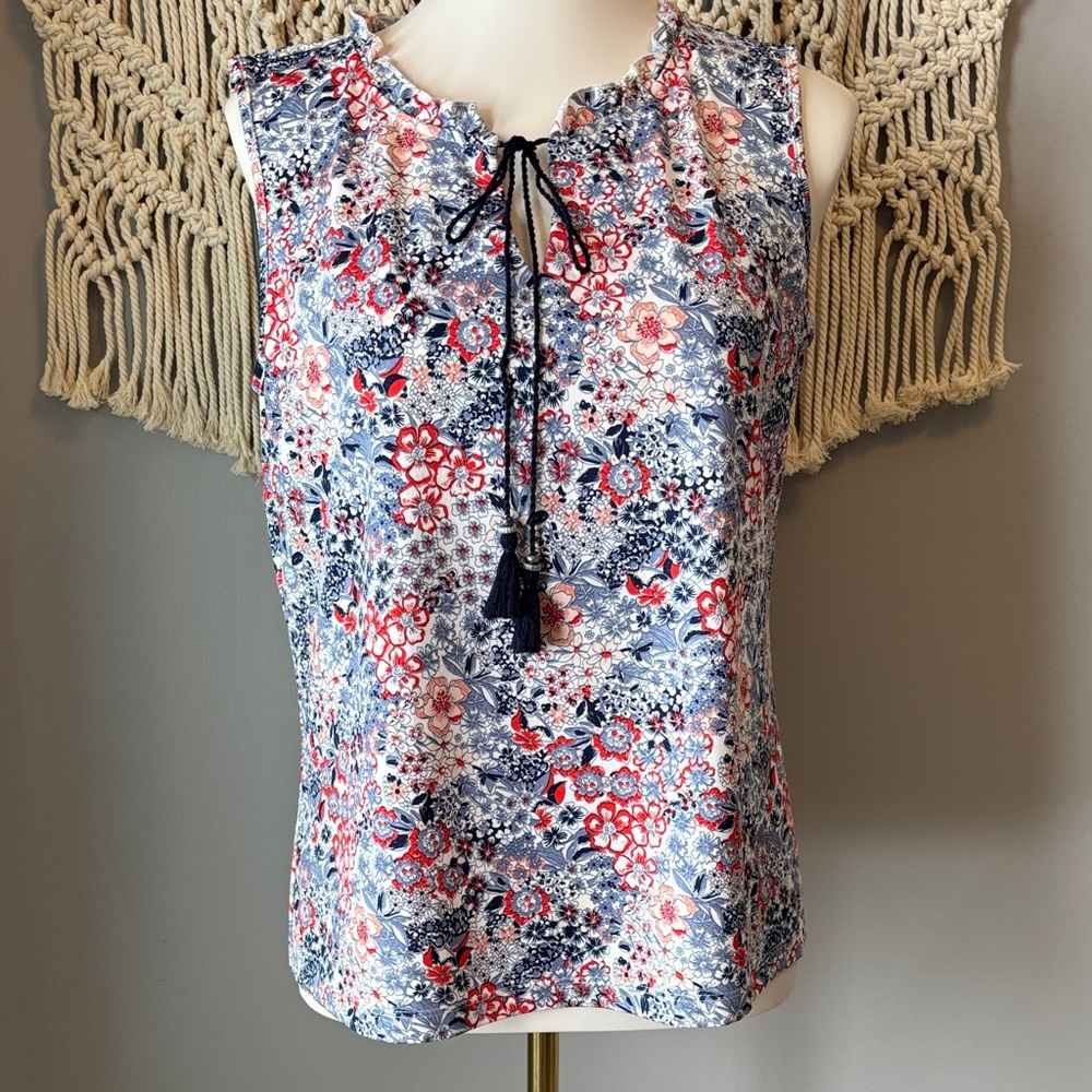 New Directions Floral Tie-Front Blouse - Blue and Red